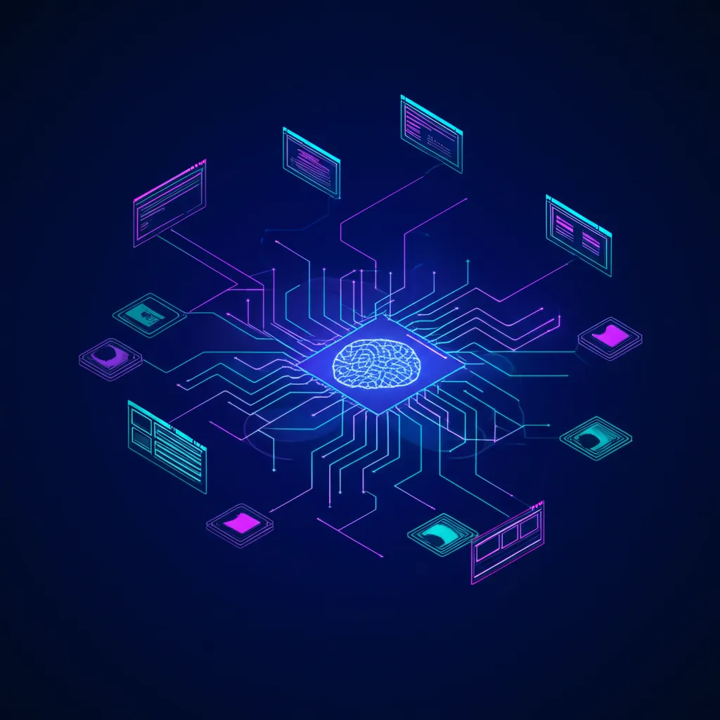 Абстрактная визуализация, показывающая как происходит эволюция веб-скрапинга в seo 2025 с помощью искусственного интеллекта.