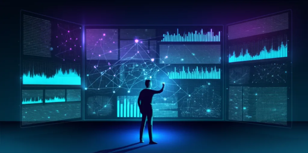 Аналитик выбирает, какой купить датасет, на футуристичном голографическом интерфейсе