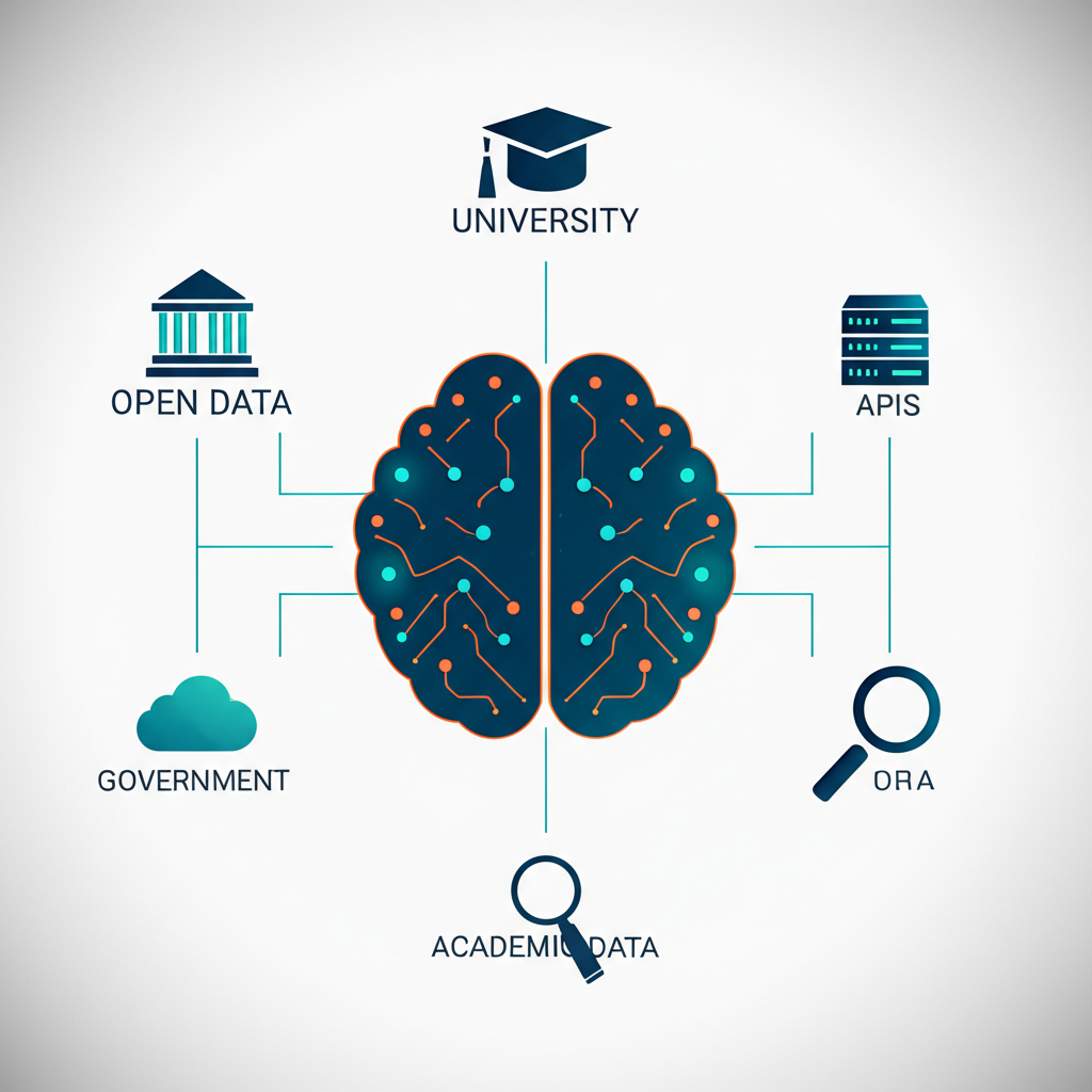 Инфографика, иллюстрирующая где найти датасет: мозг из данных и иконки источников.