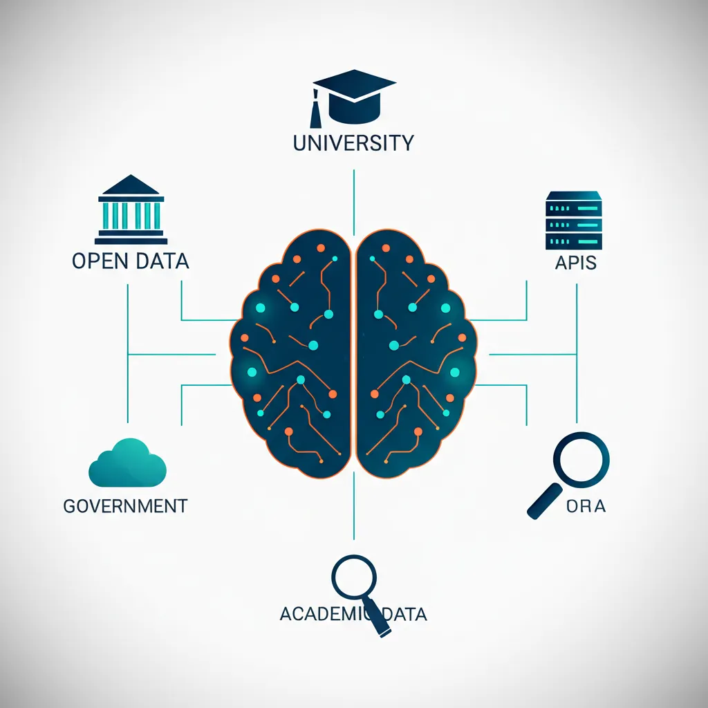 Инфографика, иллюстрирующая где найти датасет: мозг из данных и иконки источников.