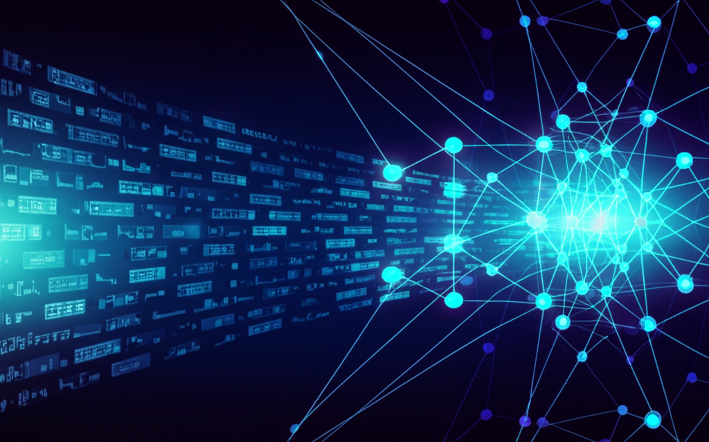 Схематичное изображение, где показаны датасеты для машинного обучения python, которые обрабатываются нейронной сетью.