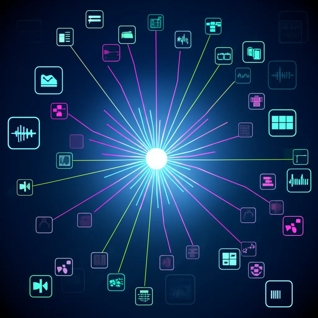 Абстрактная визуализация данных, представляющая сервисы с датасетами
