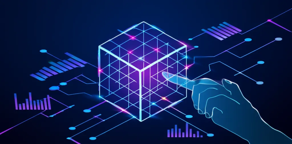 Абстрактная визуализация, где представлены датасеты для анализа данных в виде светящегося куба с графиками.