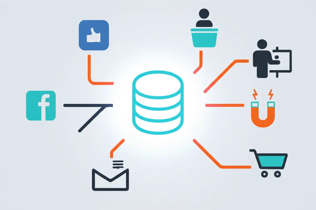 Схематичное изображение, где взять базу клиентов: иконки символизируют разные каналы привлечения.