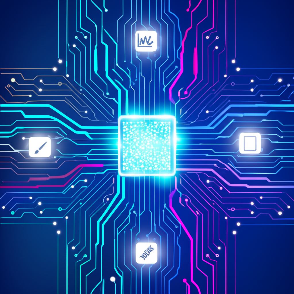 Абстрактная визуализация нейронной сети, иллюстрирующая генеративный ИИ: широкий спектр возможностей.