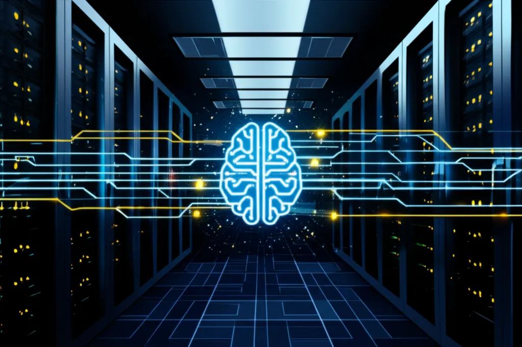 Визуализация технологии генеративный ии в финансах: нейронная сеть обрабатывает финансовые данные.