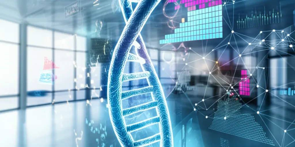 Визуализация генеративный ии в life sciences: распознавание паттернов, где нейронная сеть анализирует структуру ДНК.
