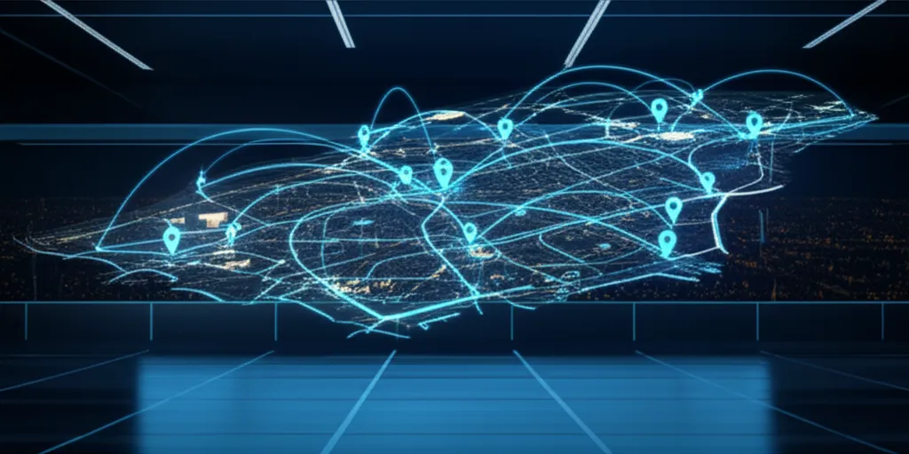 Визуализация работы системы, где генеративный ии в логистике: умные маршруты прокладывает оптимальные пути для грузовиков.