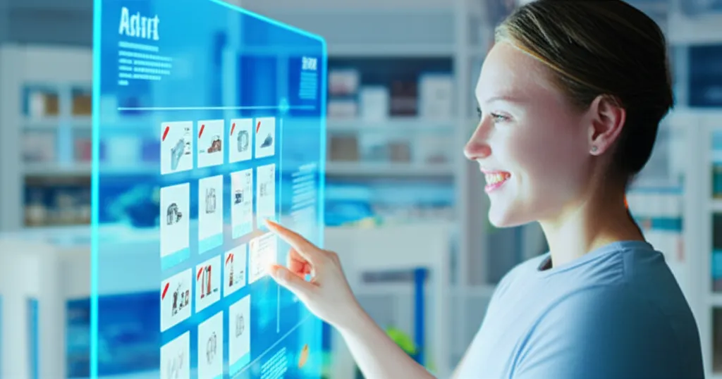 Генеративный ИИ в ритейле: клиенто-ориентированность на примере покупателя, взаимодействующего с умным интерфейсом.