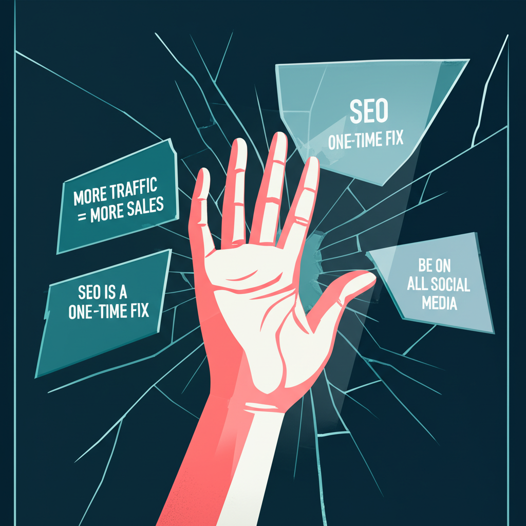 Человек разбивает стекло, на котором написаны главные мифы о привлечении пользователей.