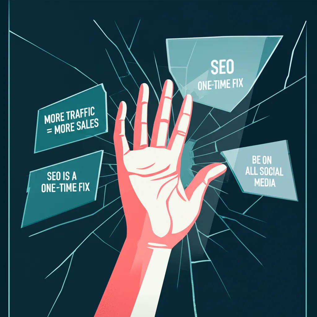 Человек разбивает стекло, на котором написаны главные мифы о привлечении пользователей.