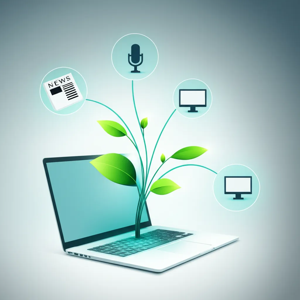 Иллюстрация, показывающая как работает HARO для SEO малого бизнеса: от ноутбука к ссылкам в медиа.