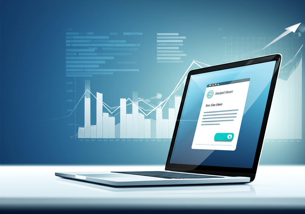 Холодные email рассылки b2b канал привлечения: ноутбук с интерфейсом отправки письма на фоне графиков.