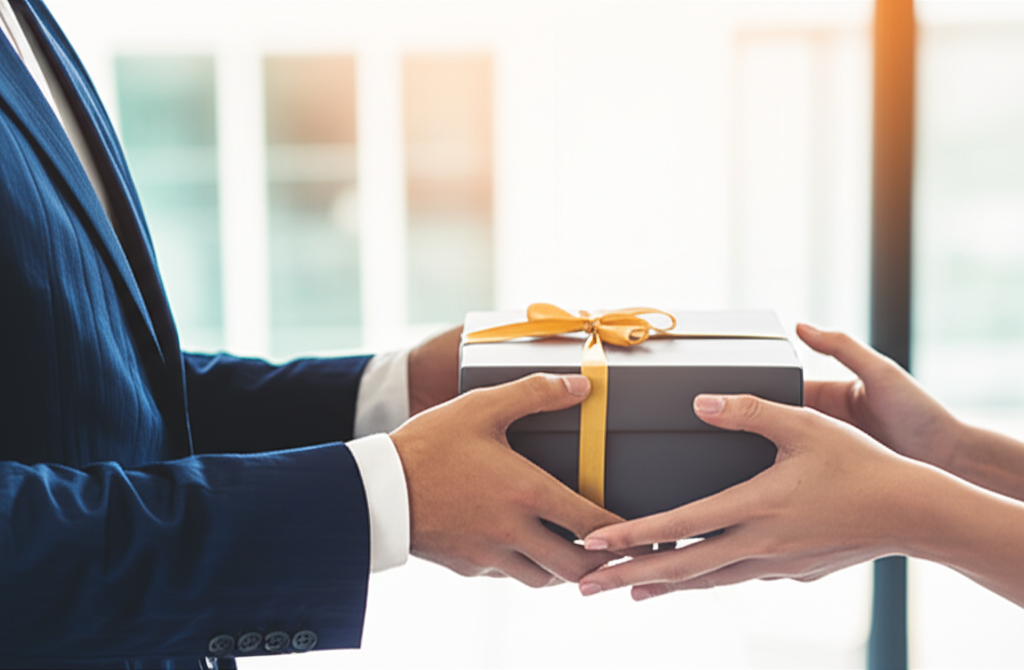 Элегантно упакованный подарок для клиента, передаваемый из рук в руки в офисе