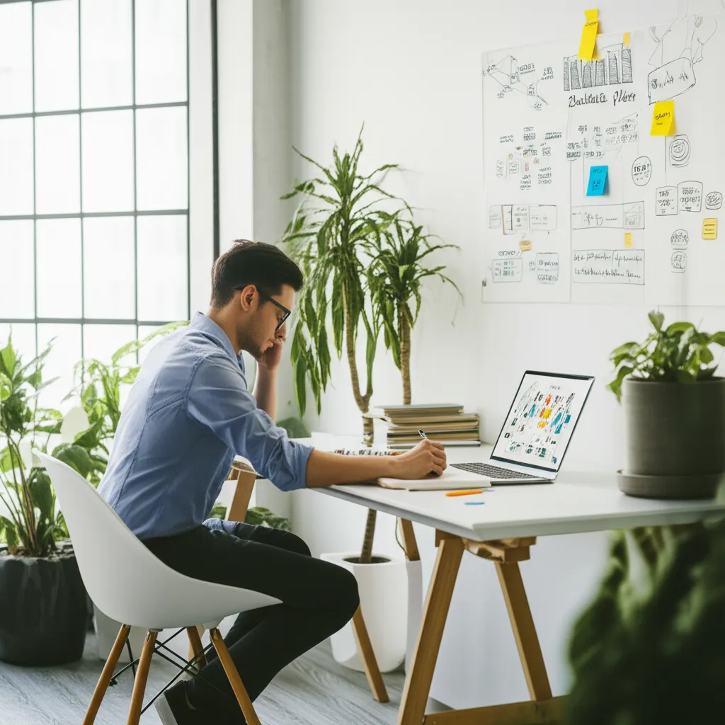 Предприниматель обдумывает новые идеи малого бизнеса 2025, работая в современном офисе.