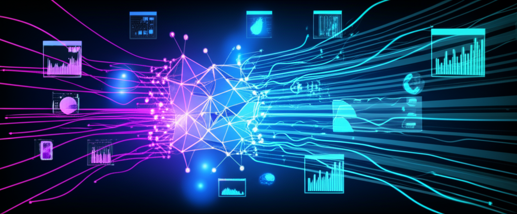 Абстрактная визуализация, где ИИ инструменты анализа данных преобразуют хаотичные информационные потоки в структурированные графики.