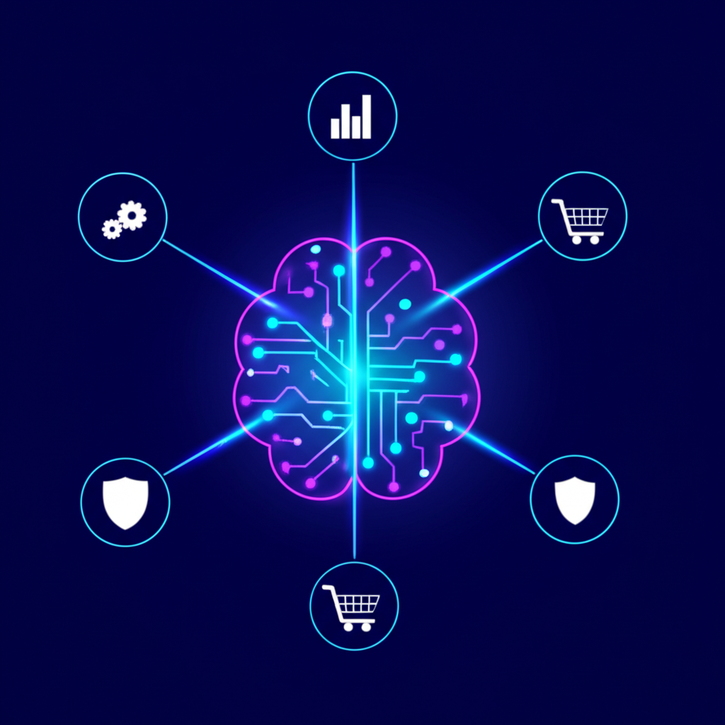 Абстрактная визуализация, иллюстрирующая ИИ в ERP-системах: инсайты и прогнозы в реальном времени через центральный интеллект и иконки бизнес-процессов.