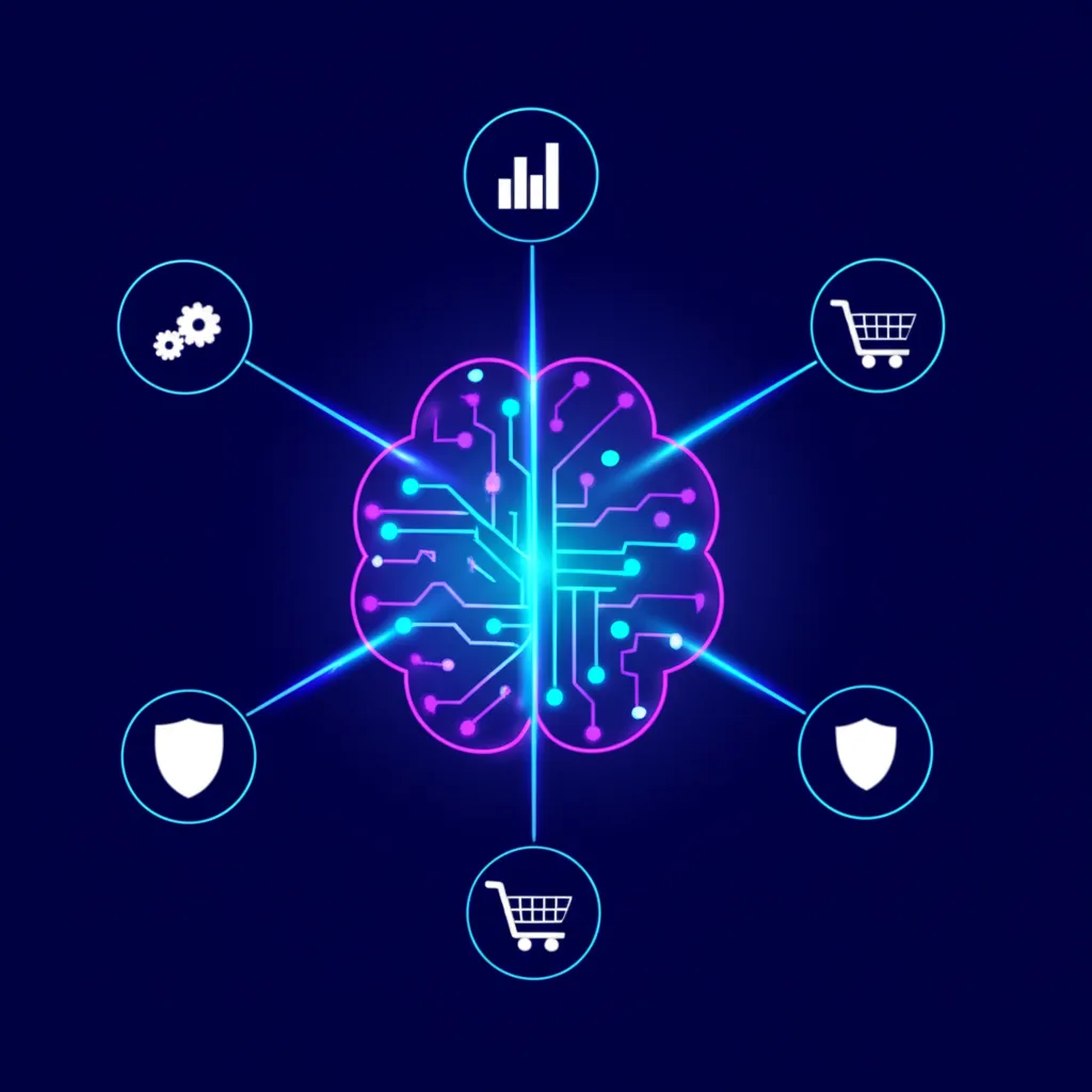 Абстрактная визуализация, иллюстрирующая ИИ в ERP-системах: инсайты и прогнозы в реальном времени через центральный интеллект и иконки бизнес-процессов.