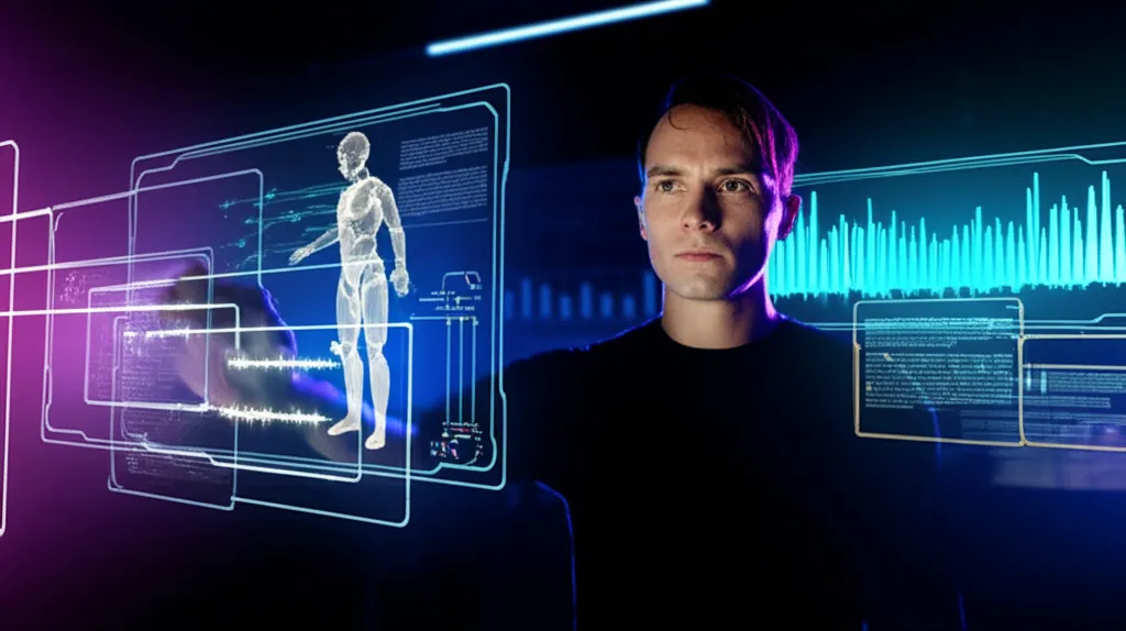 Футуристический коллаж, демонстрирующий применение ИИ в медиа и развлечениях в кино, музыке и играх