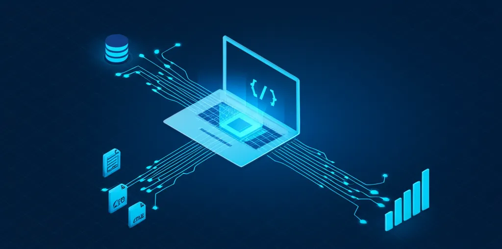 Иллюстрация, показывающая импорт датасета из разных источников в единую систему для анализа.