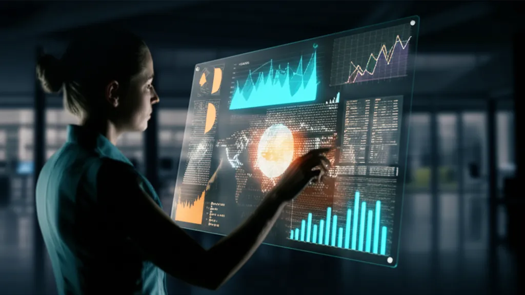 Инструменты бизнес-аналитики 2025: специалист анализирует данные на интерактивном голографическом дашборде.
