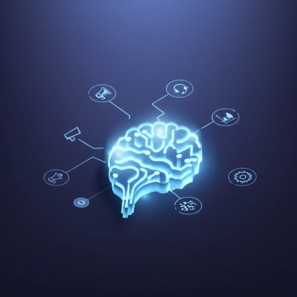 Инфографика, демонстрирующая инструменты ИИ для бизнеса, интегрированные в различные отделы компании