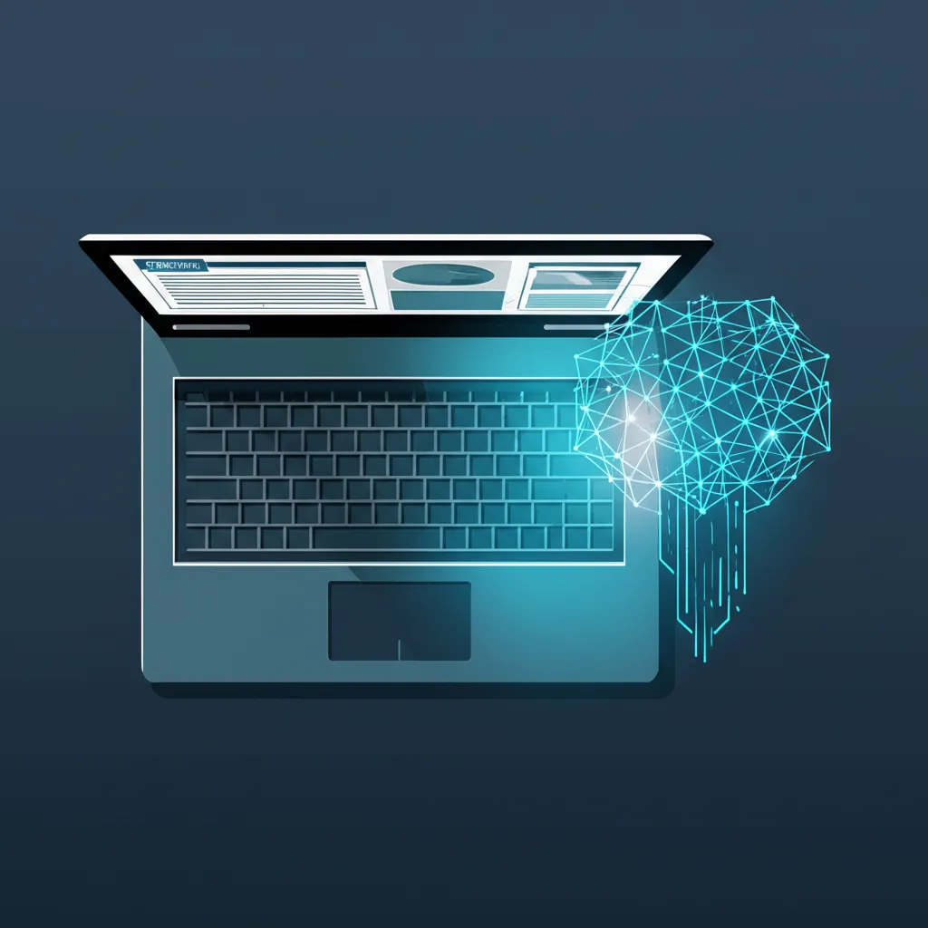 Современные инструменты ИИ для блога, визуализированные как нейросеть, помогающая автору на ноутбуке.