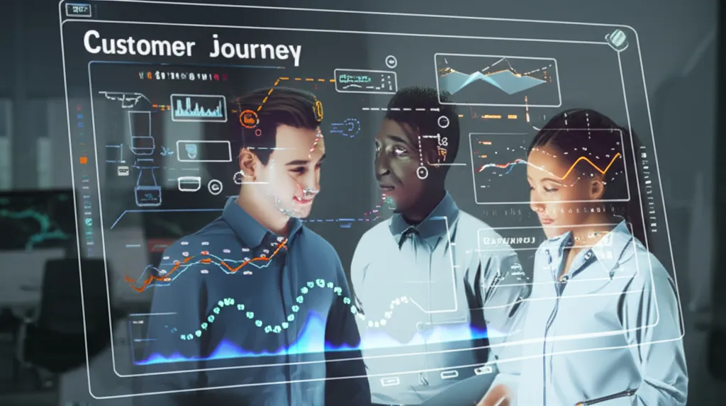 Команда аналитиков использует цифровые инструменты составления карты путешествия покупателя на интерактивном экране.