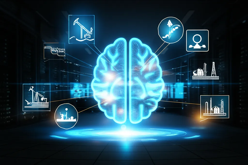 Визуальная концепция, иллюстрирующая, как происходит интеграция данных в нефтегазовой отрасли из различных источников в единый центр управления.