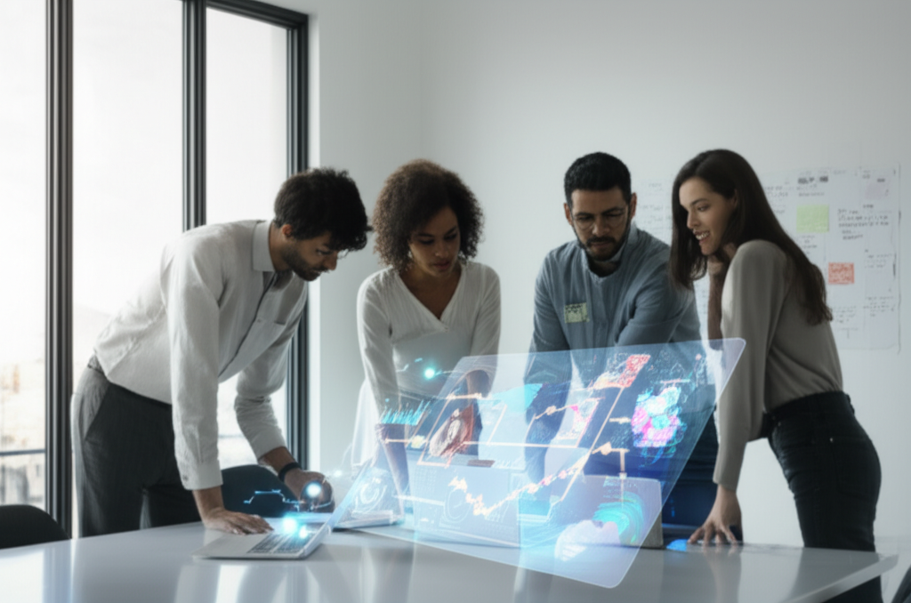 Команда маркетологов использует Искусственный интеллект в аналитике для маркетологов для принятия стратегических решений в офисе