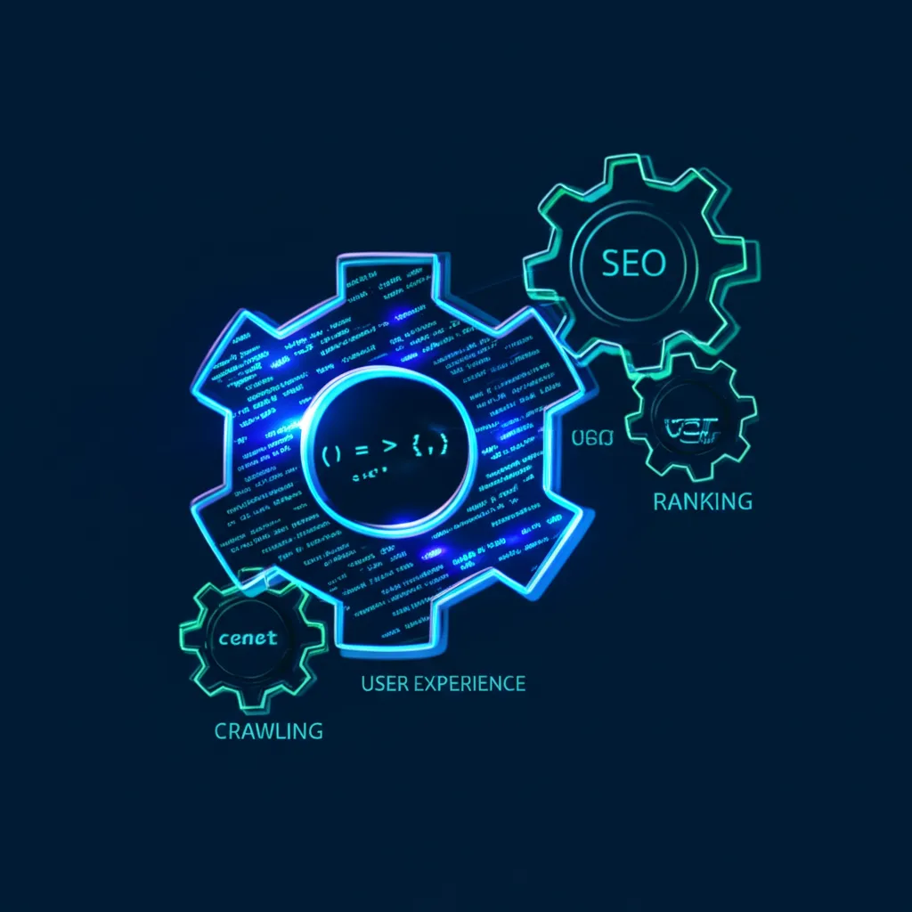 Иллюстрация, демонстрирующая как работает javascript польза для seo через взаимодействие программного кода и механизмов поисковой оптимизации.