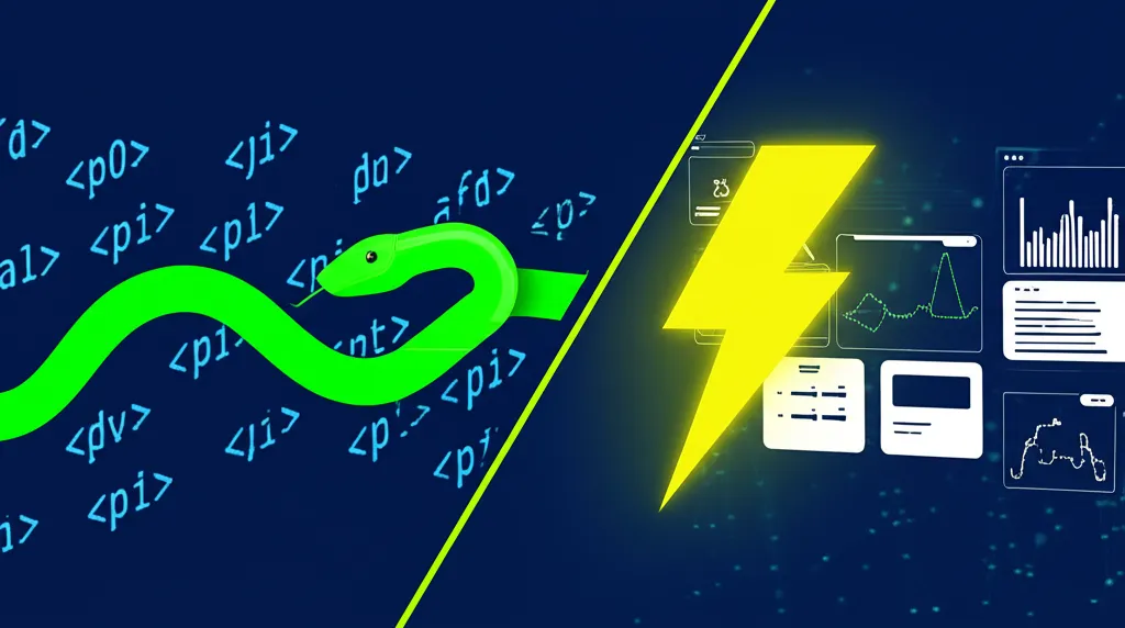 Концептуальное изображение JavaScript vs Python для веб-скрапинга, показывающее различия подходов.