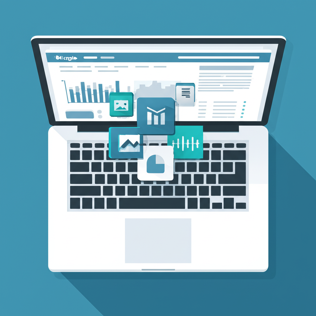 Инфографика, иллюстрирующая разнообразные kaggle датасеты для машинного обучения на экране ноутбука.