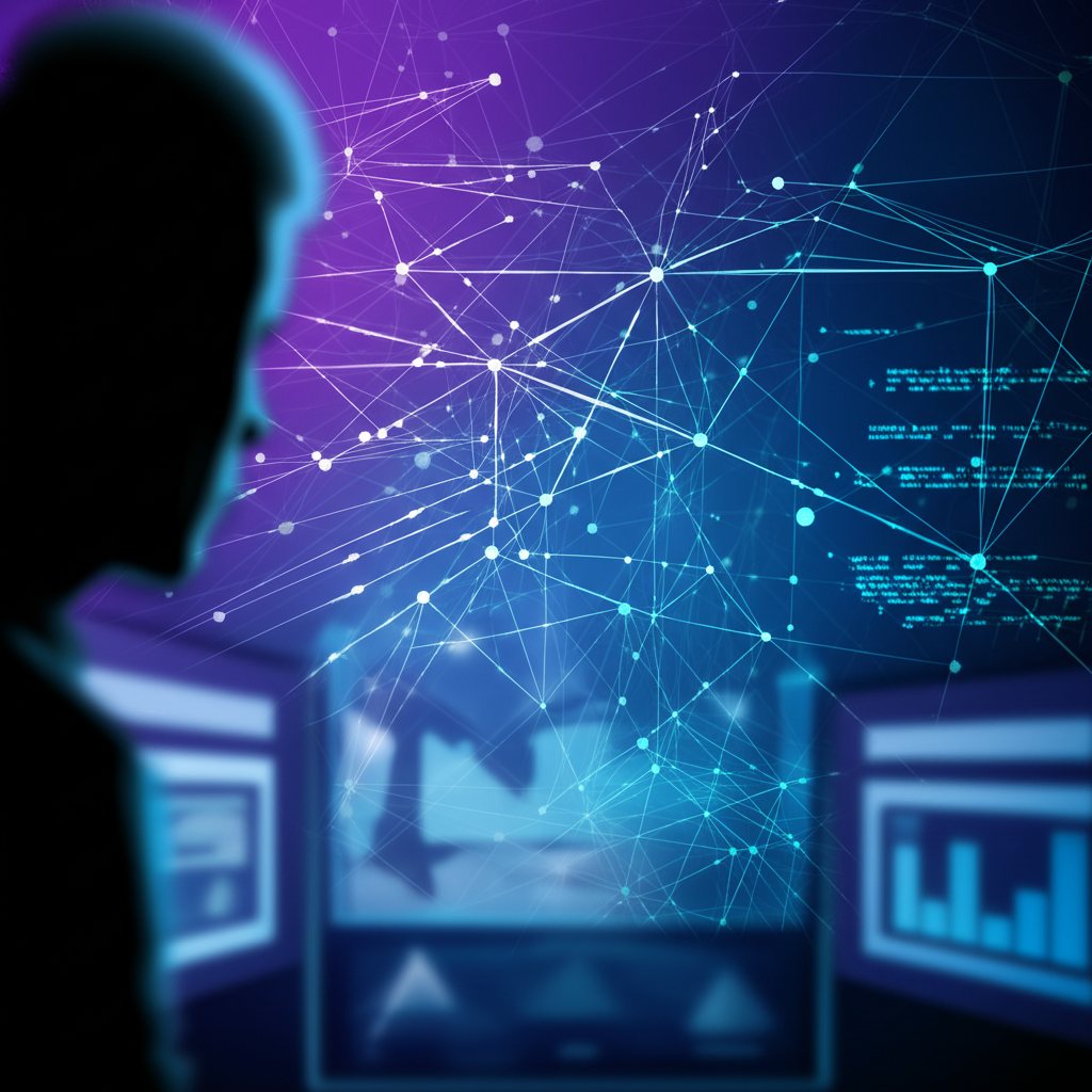 Специалист по данным анализирует kaggle датасеты на футуристическом интерфейсе