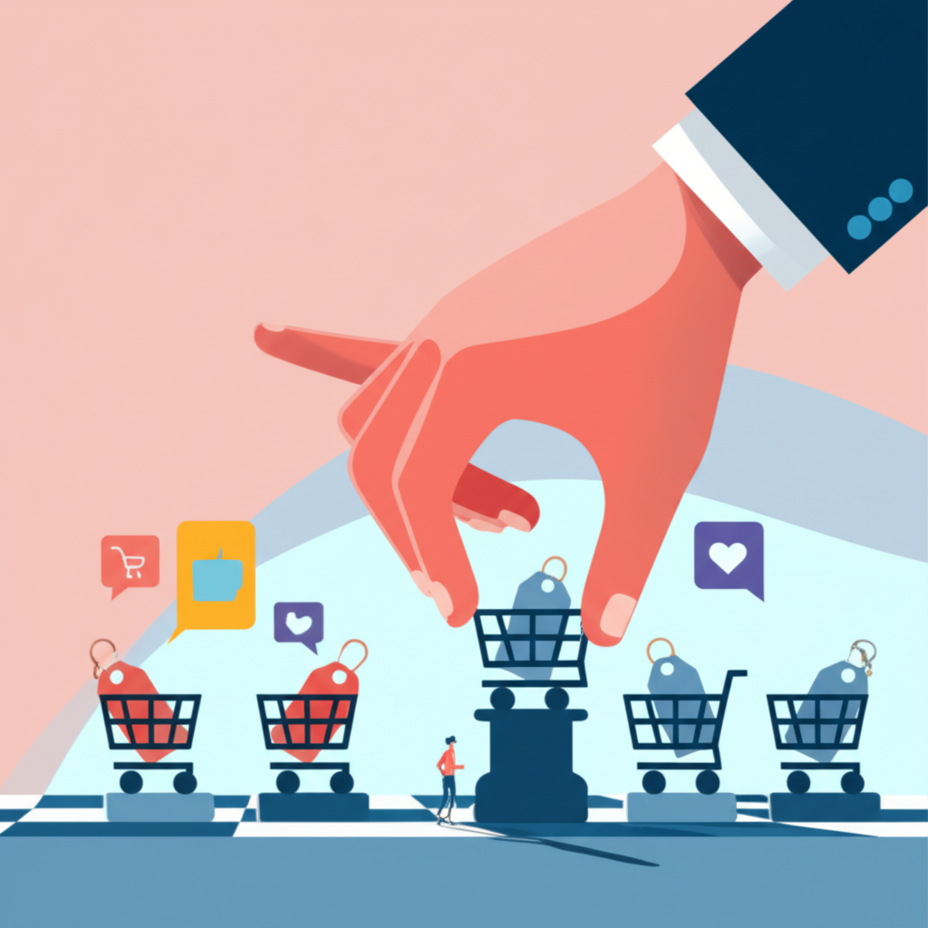 Концептуальная иллюстрация, которая показывает, как бренды используют хитрости маркетинга для управления выбором потребителей.