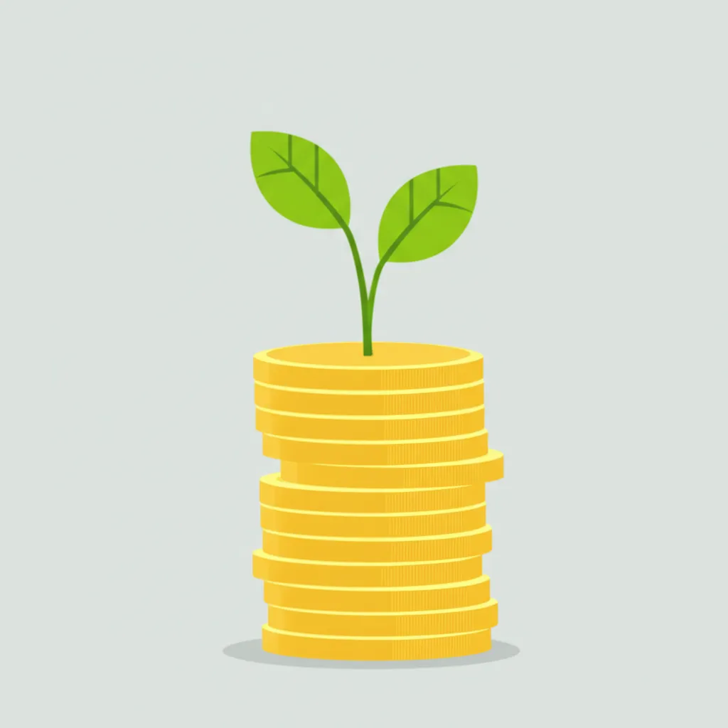 Иллюстрация, показывающая, как копить деньги: зеленый росток пробивается сквозь стопку монет.