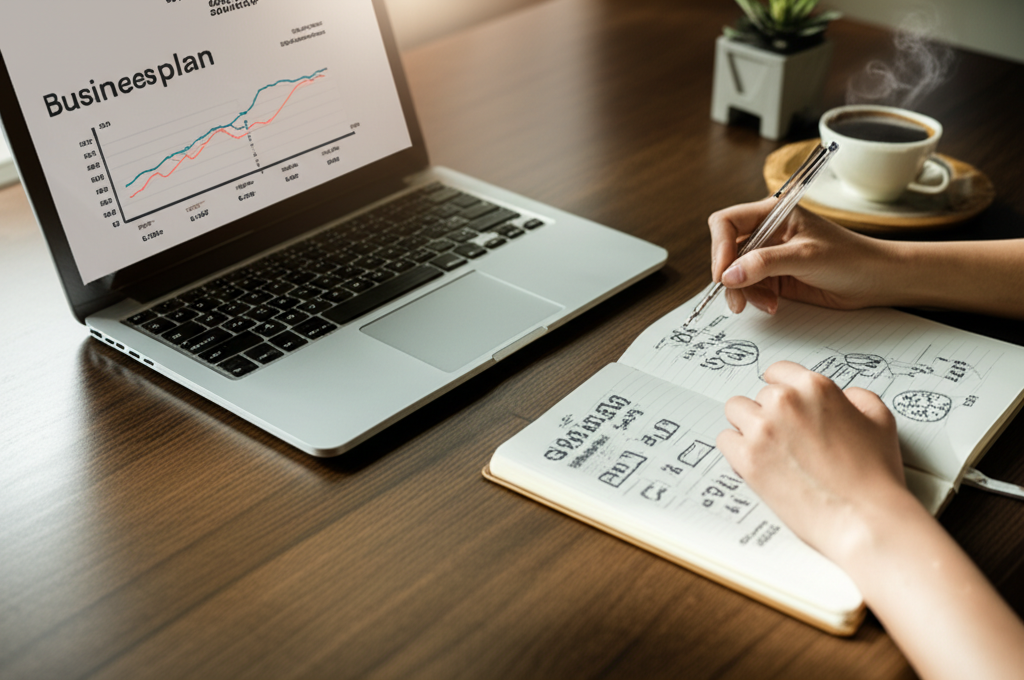 Человек составляет детальный план за столом, чтобы понять, как начать свой бизнес с нуля.