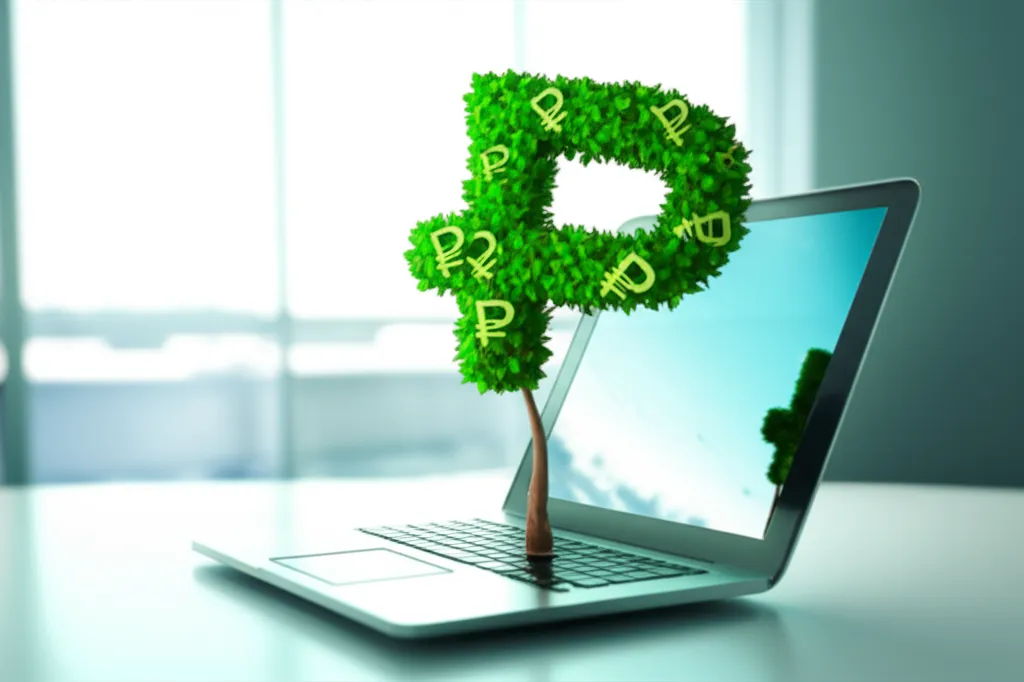 Иллюстрация, показывающая, как найти деньги на открытие бизнеса в России, в виде денежного дерева, растущего из ноутбука.