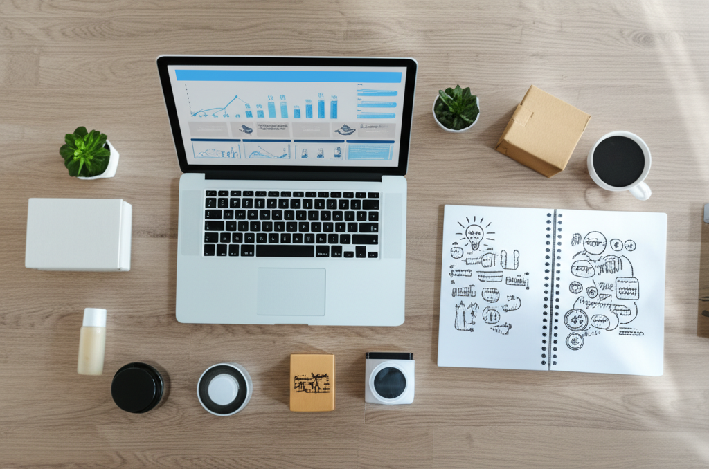 Рабочий стол предпринимателя, который ищет ответ на вопрос, как найти товар для продажи в интернете, с ноутбуком и идеями.