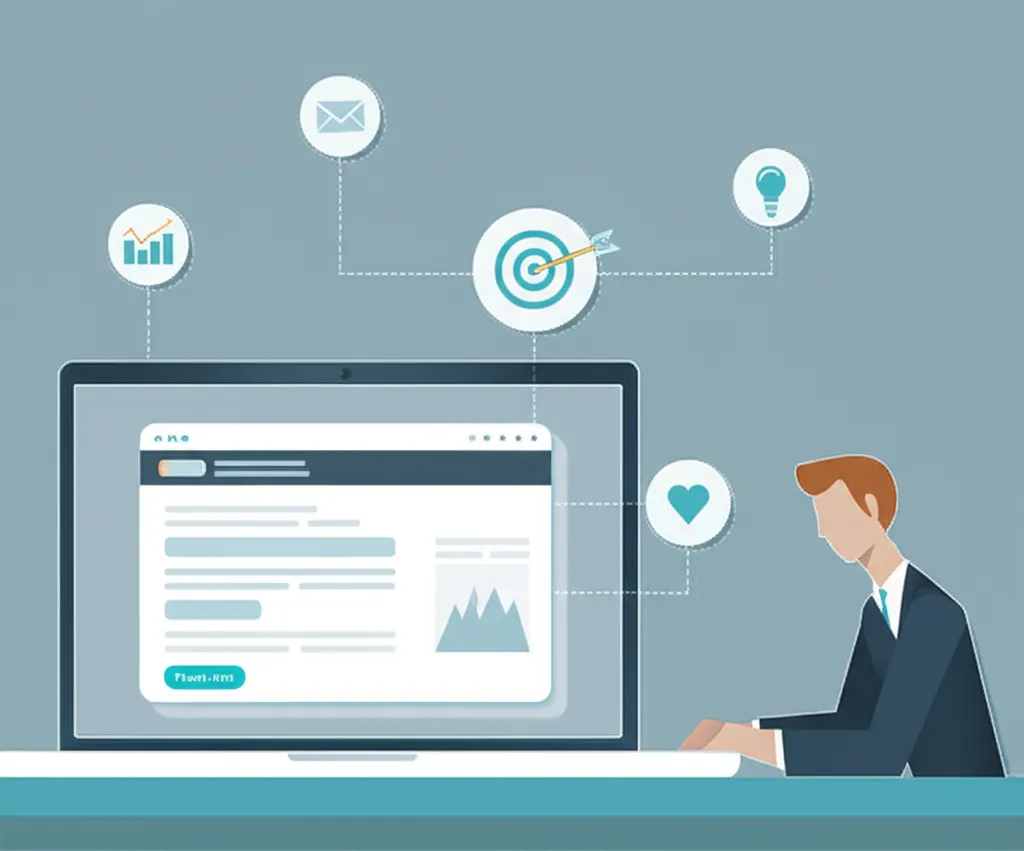 Иллюстрация, показывающая, как написать маркетинговое письмо: человек за столом составляет email на ноутбуке.