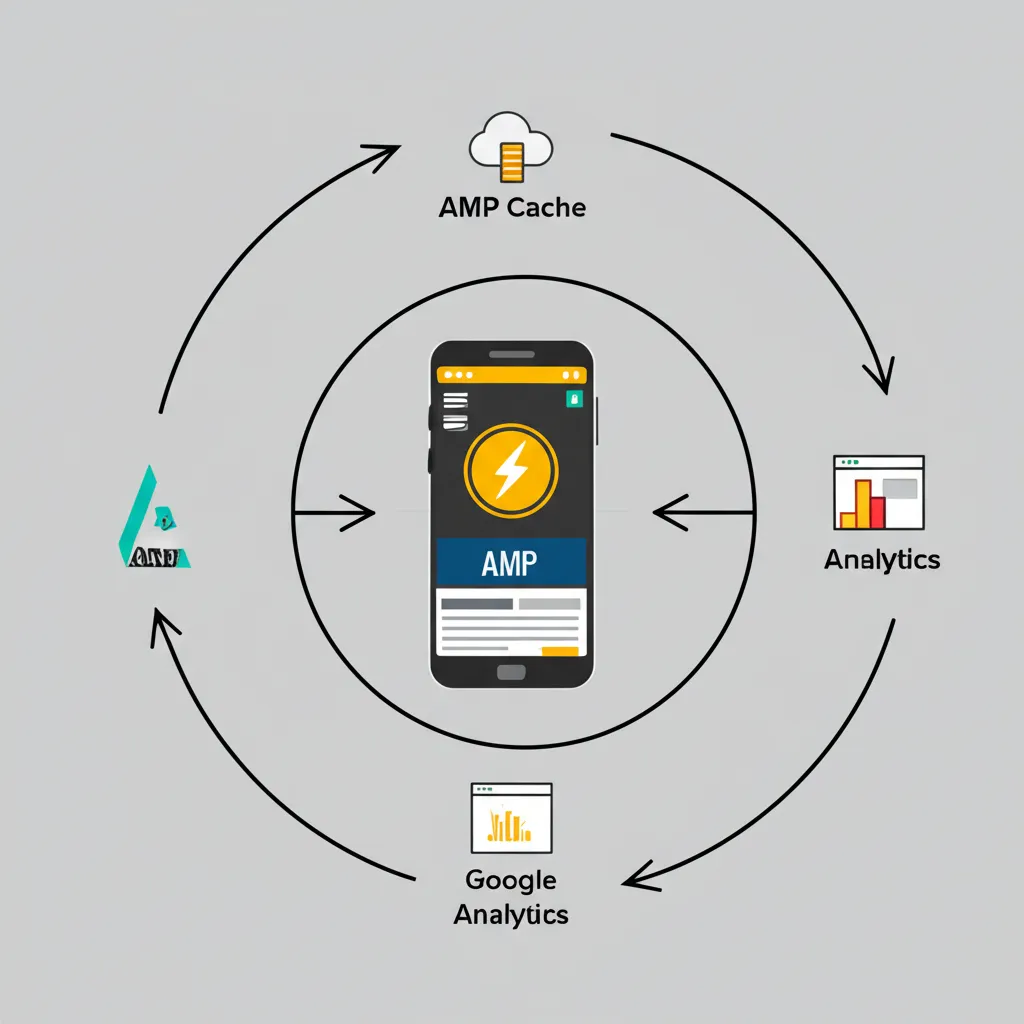 Инфографика, показывающая, как настроить Google AMP с отслеживанием в Google Analytics на схеме взаимодействия компонентов.