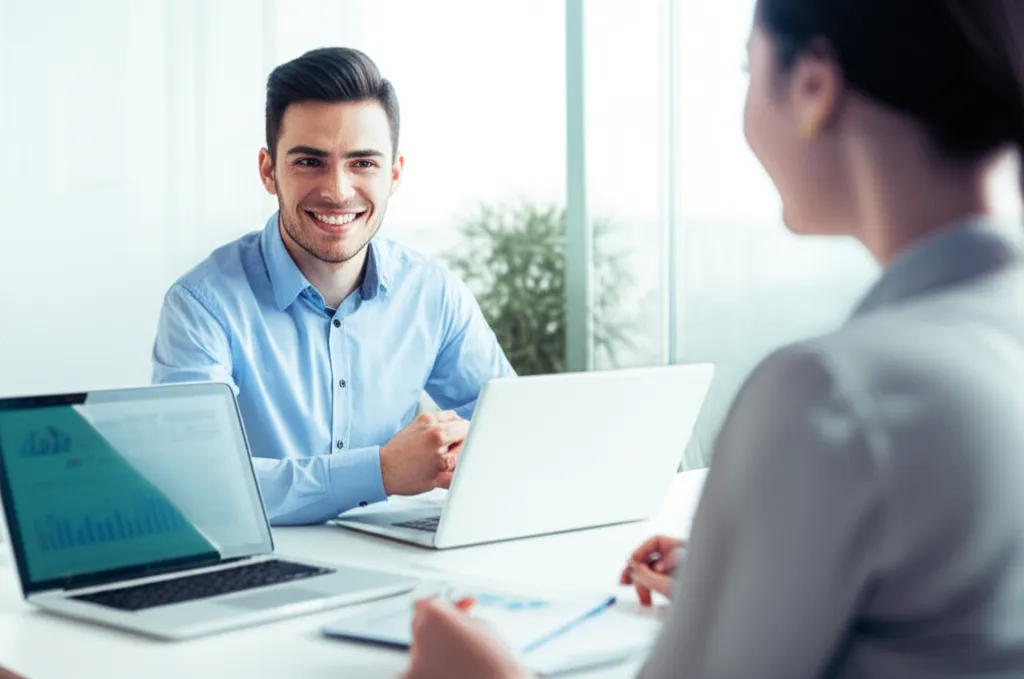 Менеджер по продажам обсуждает, как назвать цену товара клиенту в современном офисе