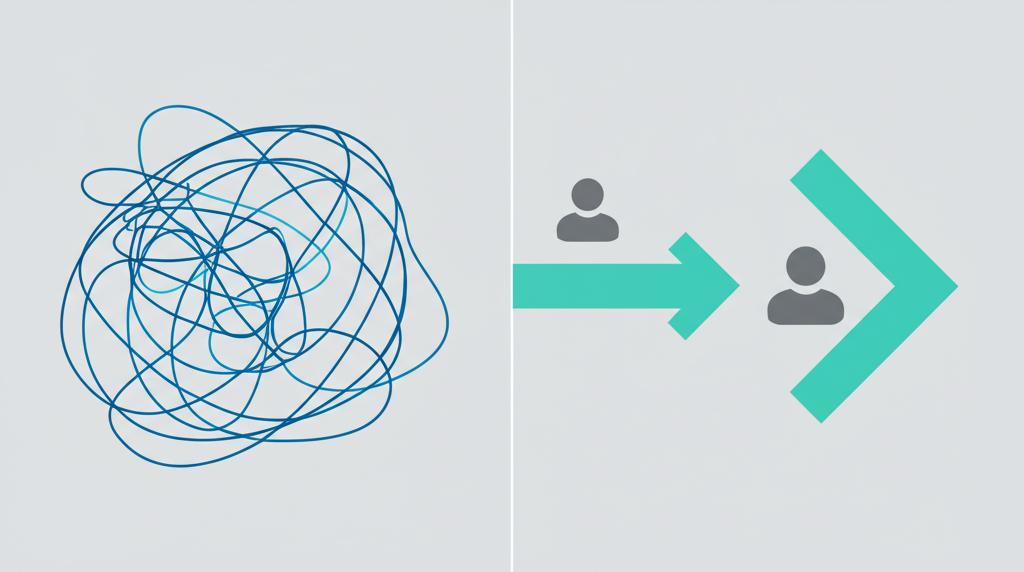 Инфографика, иллюстрирующая, как обращаться к клиенту кратко и четко, сравнивая запутанное и ясное сообщение.