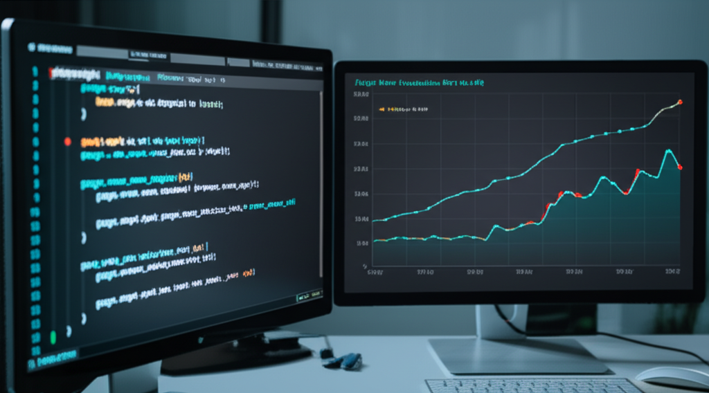Визуализация процесса как парсить google flights: слева на экране код на Python, справа — анимированный график изменения цен на билеты.