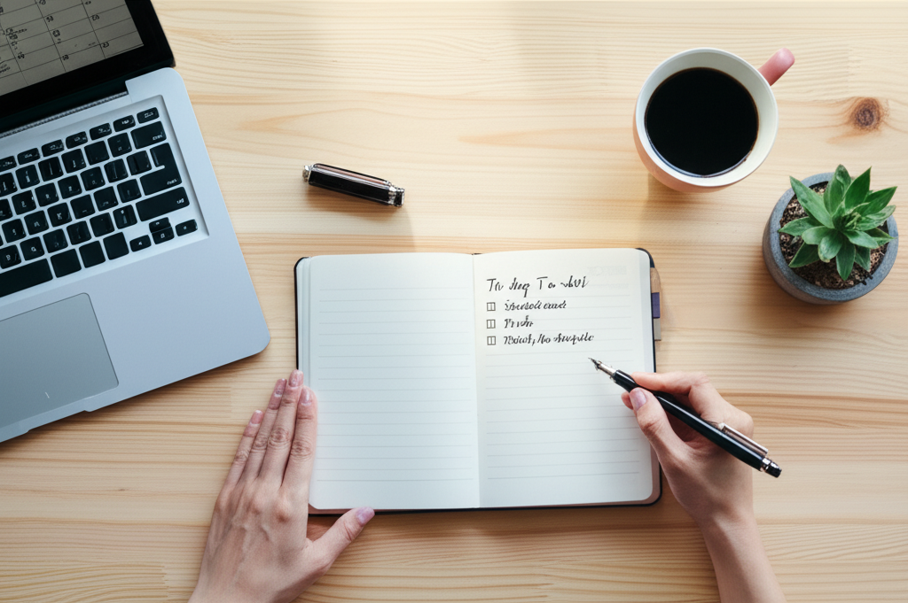 Эффективный процесс как планировать рабочий день: вид сверху на стол с блокнотом, ручкой и ноутбуком для максимальной продуктивности.