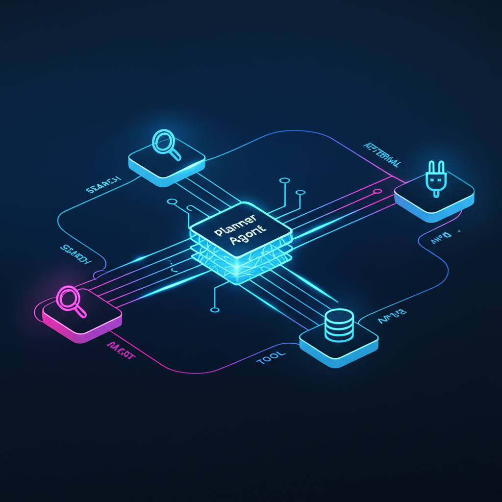 Схематическое изображение того, как построить agentic rag: автономный AI-агент взаимодействует с базой знаний и инструментами.