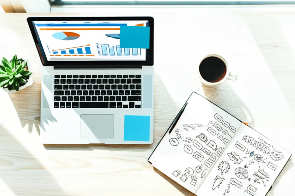 Человек планирует, как правильно начать бизнес, за рабочим столом с ноутбуком и заметками.