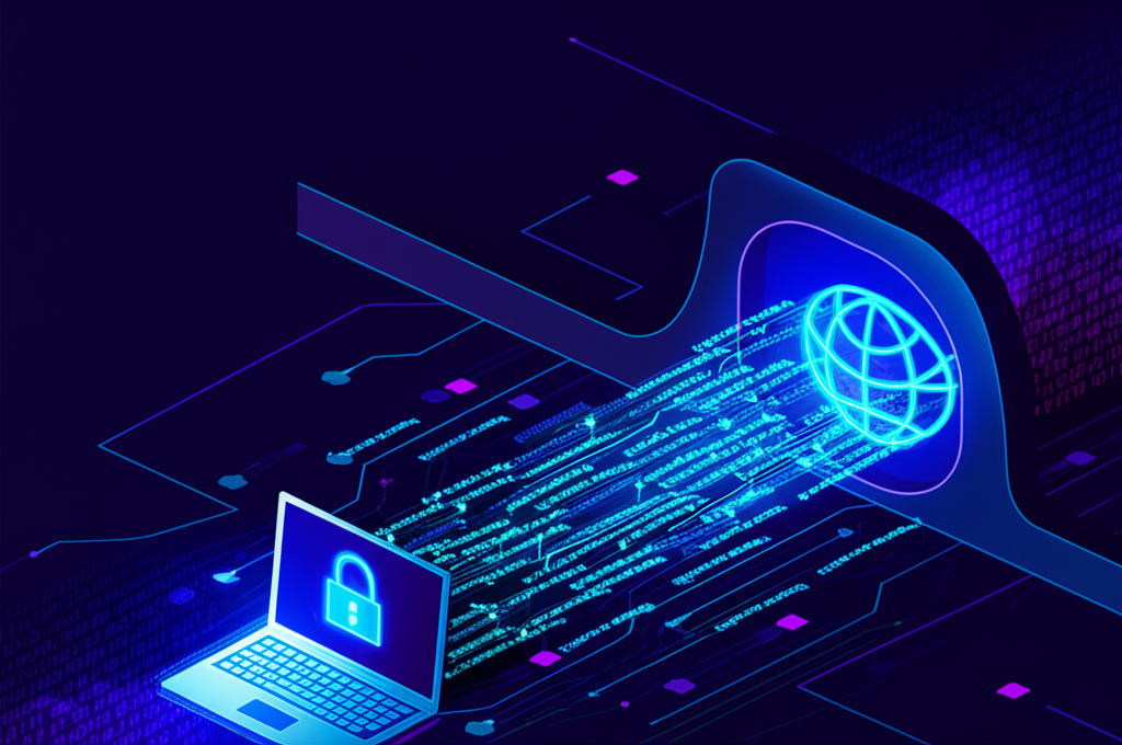 Иллюстрация, объясняющая, как работает VPN: данные проходят по защищенному туннелю.