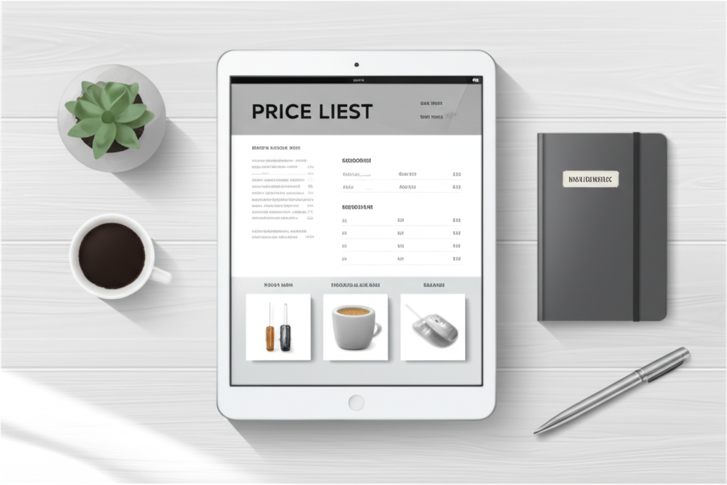 Инструкция, как сделать прайс лист бесплатно, на экране планшета в офисном окружении.