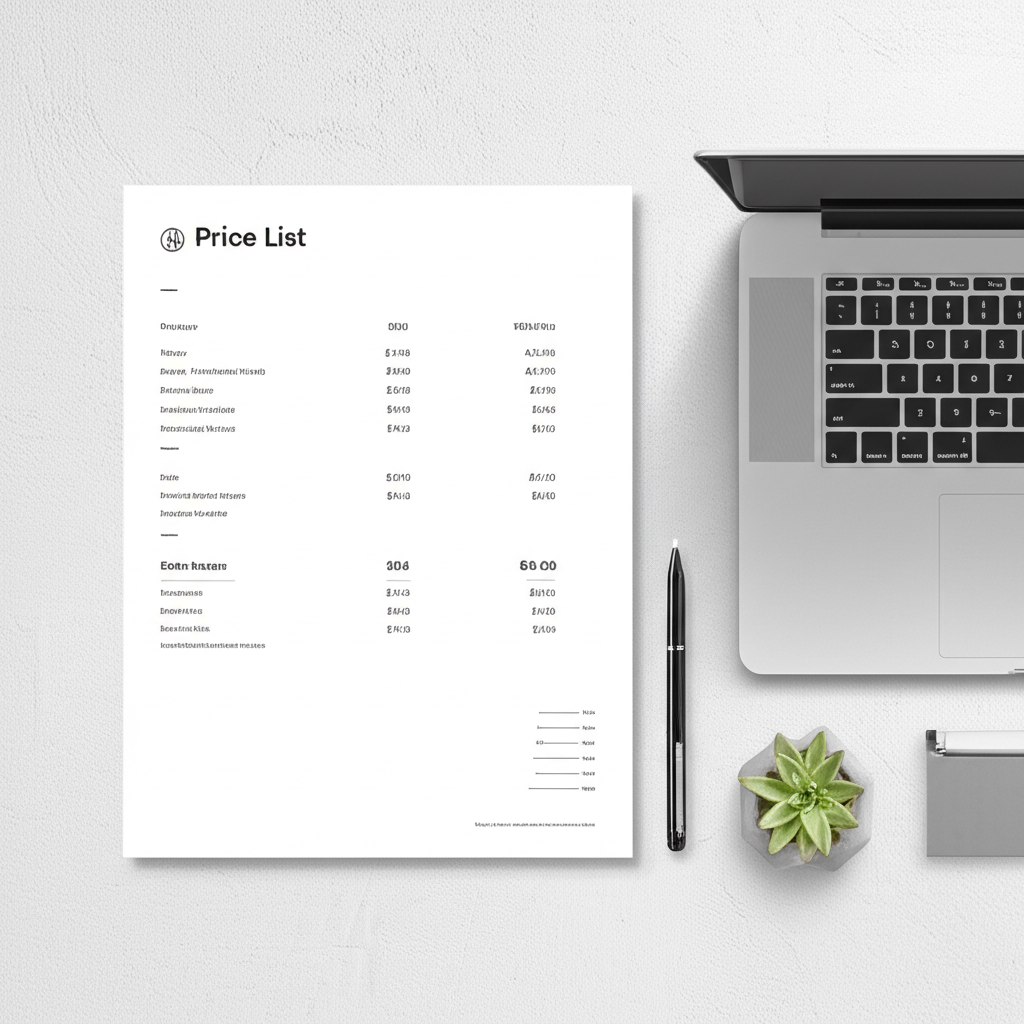 Пример того, как сделать прайс лист: документ на столе рядом с ноутбуком